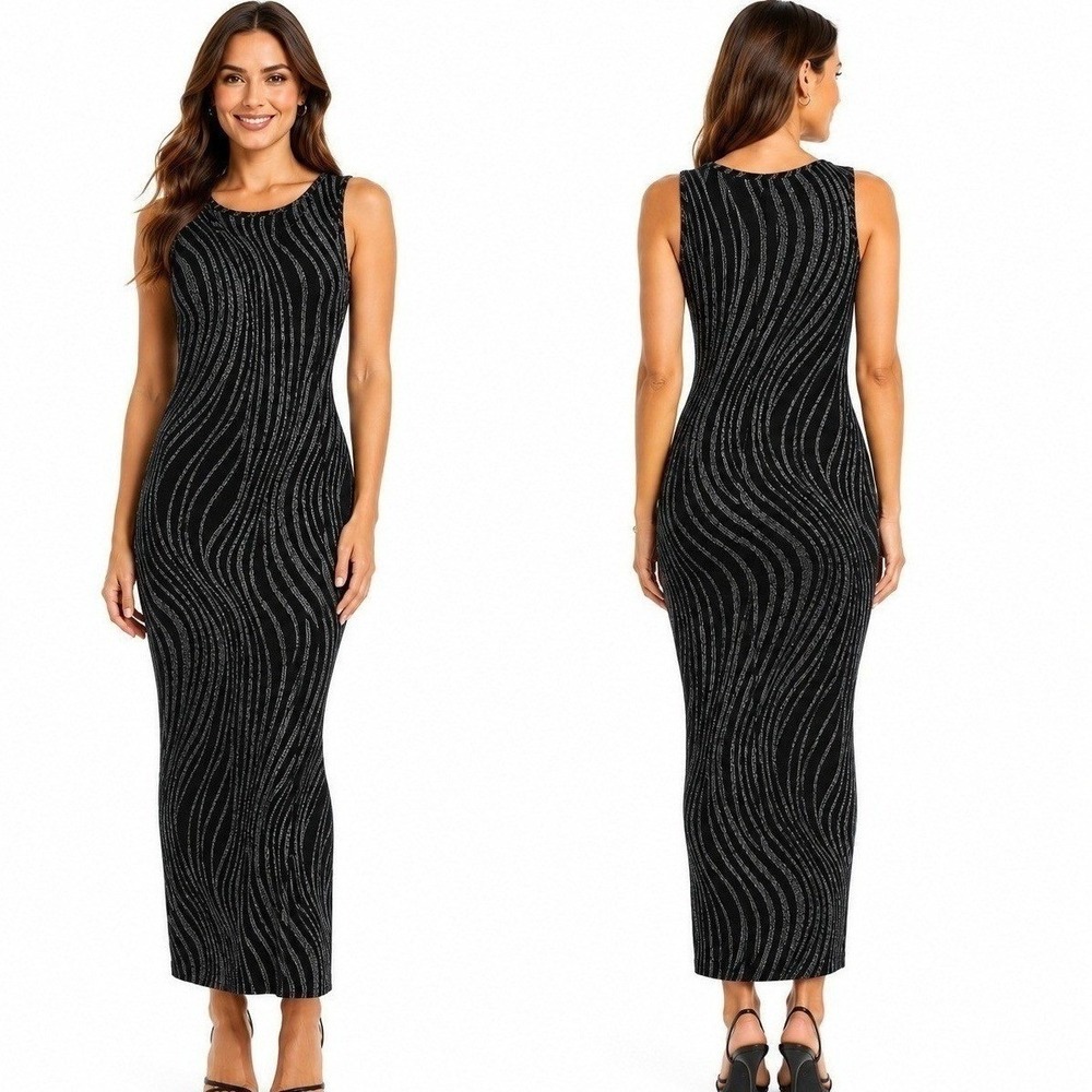 Susan Lawrence Dress XL Woman Bodycon Black Silver Glitter Wavy Stripe Maxi